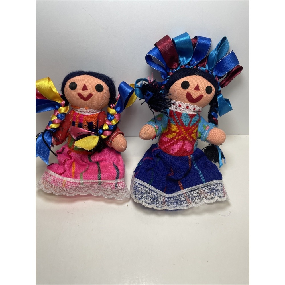 Set Of 2 Black Haired Mexican Folk Art Rag Doll W Poseable Arms and Legs 8"